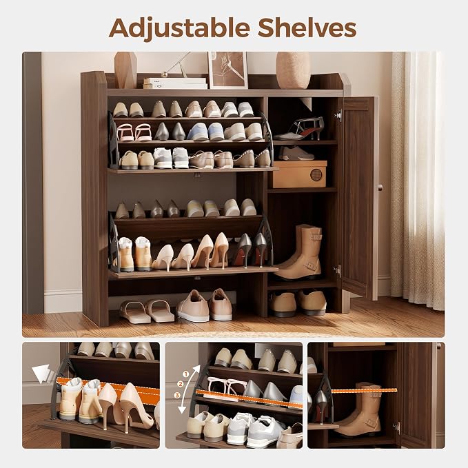 Mericonia Shoe Cabinet Storage for Entryway with 2 Flip Drawers(3-Tier), Rattan Freestanding with Door & 3 Adjustable Shelve,Hidden Shoe Rack Organizer for Hallway, Foyer - Image 4