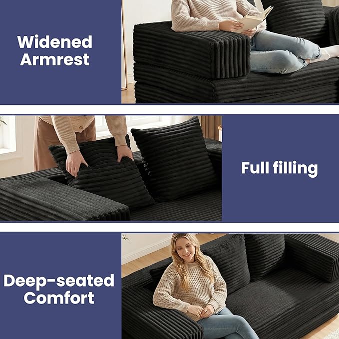 Convertible Sofa Bed Couch, 78’’ Oversized 4-in-1 Boneless Couches with Removable Armrests Backrest, Corduroy Futon Sofa Bed, Foldable Mattress Sleeper Sofa for Living Room Bedroom (Black)