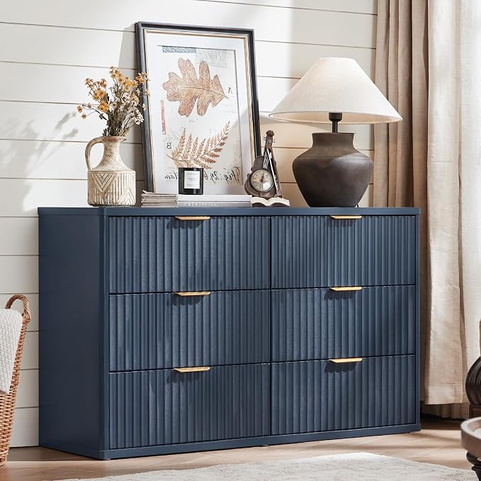 LEYAOYAO Fluted 6 Drawers Dresser for Bedroom, 48" Wide Modern Chest of Drawers with Metal Handle, Navy Blue Curved Profile Farmhouse Closet Organizer Wood Dressers TV Stand for Living Room, Hallway by LEYAOYAO-Findtheshiningpointofyourideallife%EF%BC%81