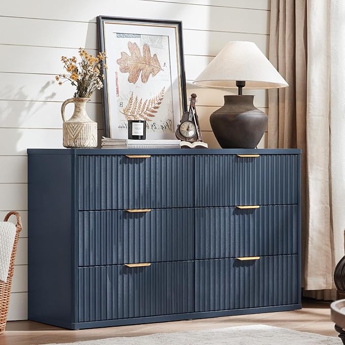 LEYAOYAO Fluted Dressers & Nightstand Set of 3, Wood 48" Wide Dresser & 42" Tall Chest of Drawers,Modern Bedroom Furniture Sets, Navy Blue Wooden Nightstand with 2 Drawers & Charging Station