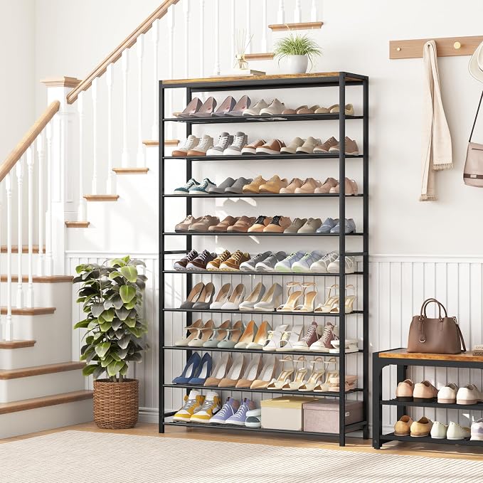 HOMEFORT 10 Tiers Shoe Rack Organizer,39.4" Shoe Storage Shelf for Closet, Shoe Rack for Entryway,Holds 45-50 Pairs of Shoe, Tall Shoe Stand with Metal Shelves and MDF Top Board,Rustic Brown - Image 2