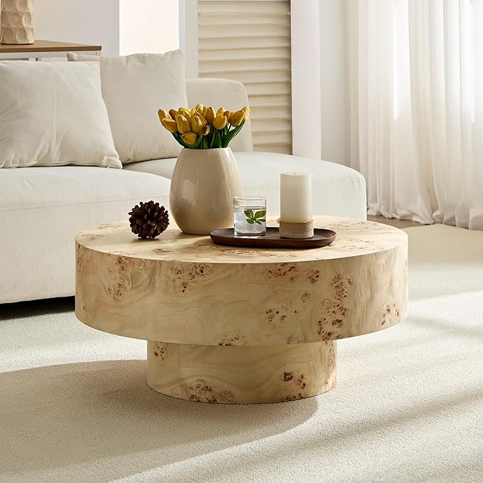 WILLIAMSPACE 31.49" Round Coffee Table with Burl Wood Veneer & Pedestal, Modern Wood Circle Drum Center Table for Living Room, Circular Accent Side End Table for Apartment, 13.77" H (Natural Burl)