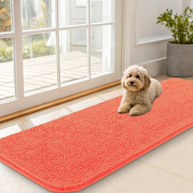 OLANLY Dog Door Mat for Muddy Paws 59x20, Absorbs Moisture and Dirt, Absorbent Non-Slip Washable Doormat, Quick Dry Chenille Mud Mat for Dogs, Entry Indoor Entryway Carpet for Inside Floor, Coral by OLANLY