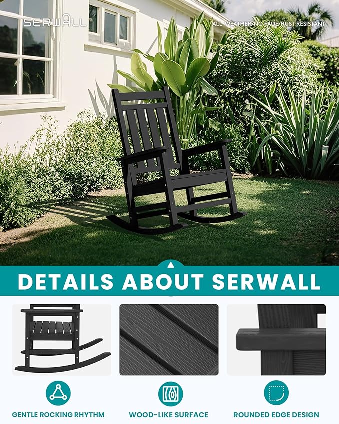 SERWALL Oversized Outdoor Rocking Chair Set of 4, HDPE Rocker for Adults, Patio Rocking Chairs for Porch, Black - Image 4