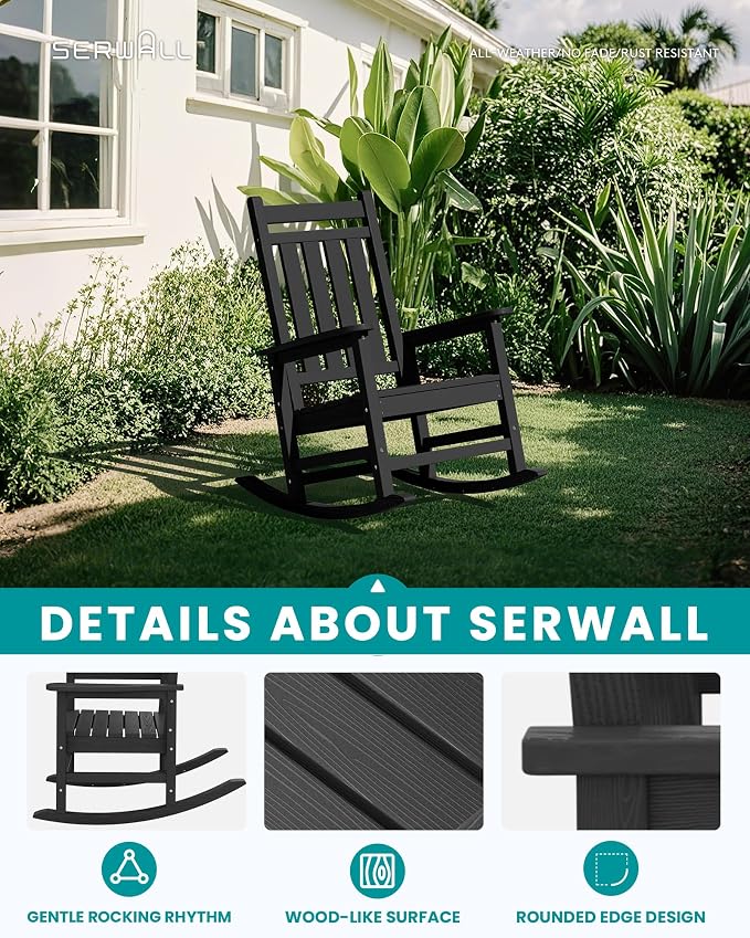 SERWALL HDPE Outdoor Rocking Chair Set of 6, Patio Rocking Chairs for Adults, All Weather Outdoor Rockers for Lawn, Black - Image 4