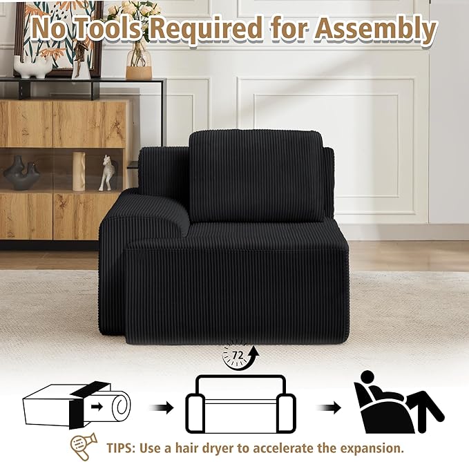 KIGOTY Modular Sectional Sofa, Comfy Cloud Sectional Couch with Left Armrest, Corner Couch, Modern Boneless Sofas for Living Room, No Assembly Required, Black