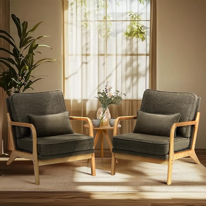 COLAMY Mid Century Modern Accent Chair with Lumbar Pillow, Relaxing Armchair with Solid Wood Frame & Soft Cushion, Reading Leisure Chair for Living Room,Bedroom,Waiting Room（Green）