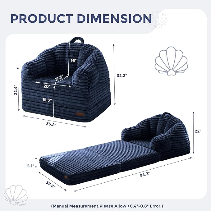 MAXYOYO Folding Sofa Bed, 2 in 1 Convertible Sofa to Lounger Comfy Faux Fur Bean Bag Chair for Adults, Floor Single Sleeper Couch Chair with Handle, Couch Bed for Living Room Bedroom, Navy