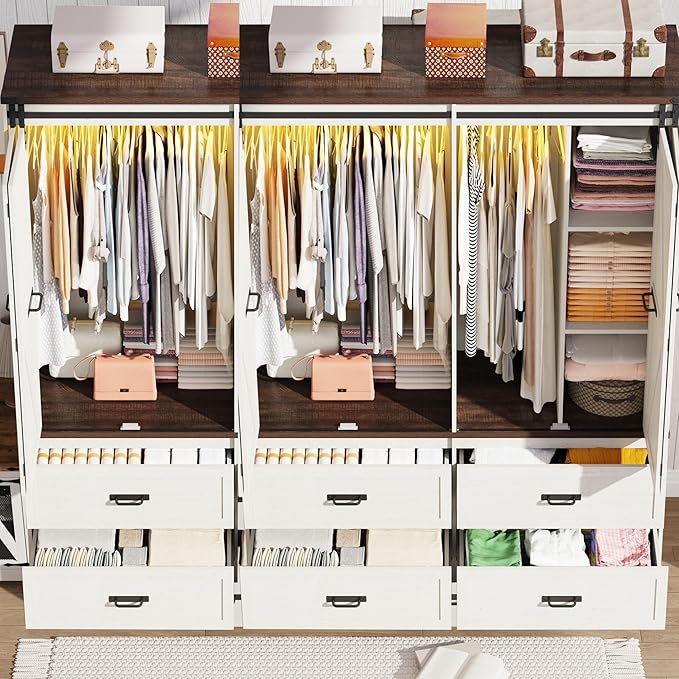 Farmhouse 6 Doors Armoire Wardrobe Closet w/Folding Sliding Barn Door and Lights, LED Armoire Closet w/ 6 Drawers for Bedroom, Freestanding Wooden Wardrobe Storage Closets w/Hanging Rod,Antique White
