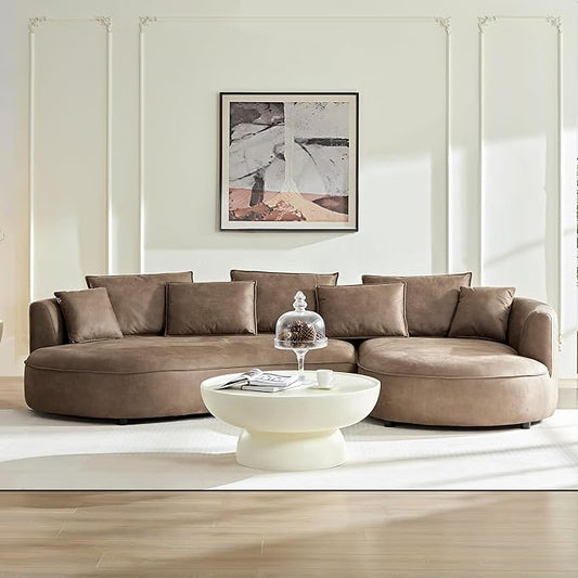 KEIKI 129" Curved Oversized Modular Leathaire Sectional Sofa with Right Chaise, 4 Pillows, 3 Back Cushion, Modern Style Comfy 5-Seater Couch, Easy Assembly, for Office, Apartment, Living Room, Brown
