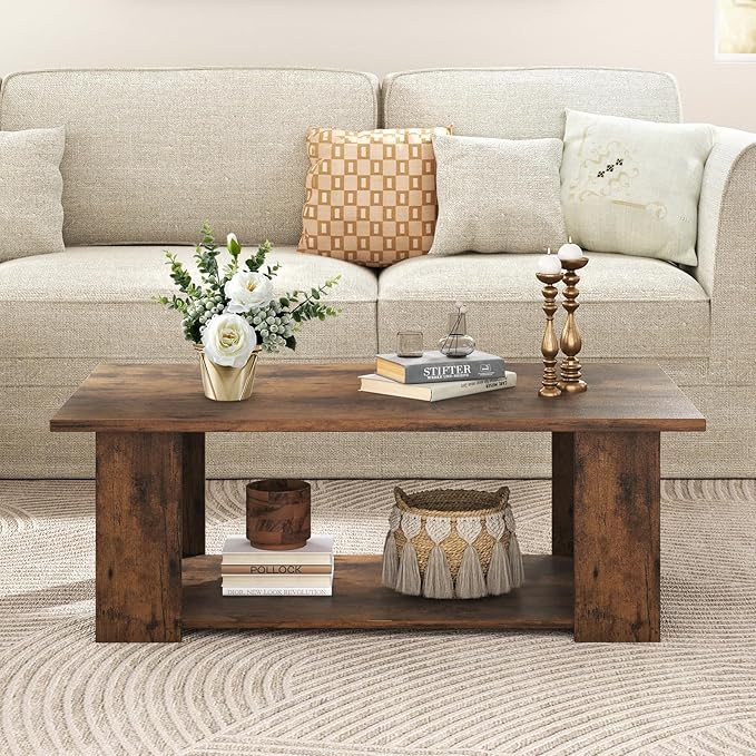 GOFLAME Coffee Table with Storage, Modern Center Table for Small Space, Accent Tea Tables for Living Room, Reception Room, Dining Room, Easy Assembly, Rustic Brown