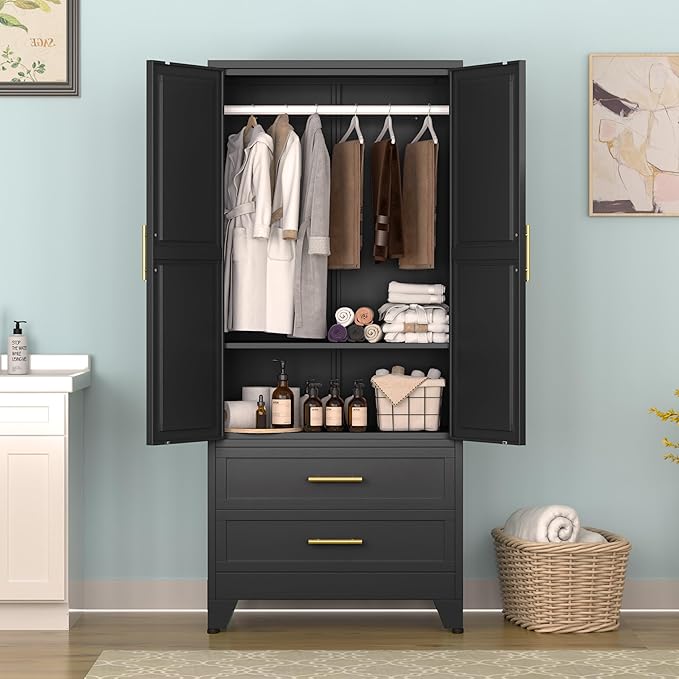 Ckzbx 71" H Metal Armoire Wardrobe Closet with 2 Drawers, Adjustable Shelve, Clothes Drying Pole, Steel Wardrobe Cabinet for Bedroom (Black)