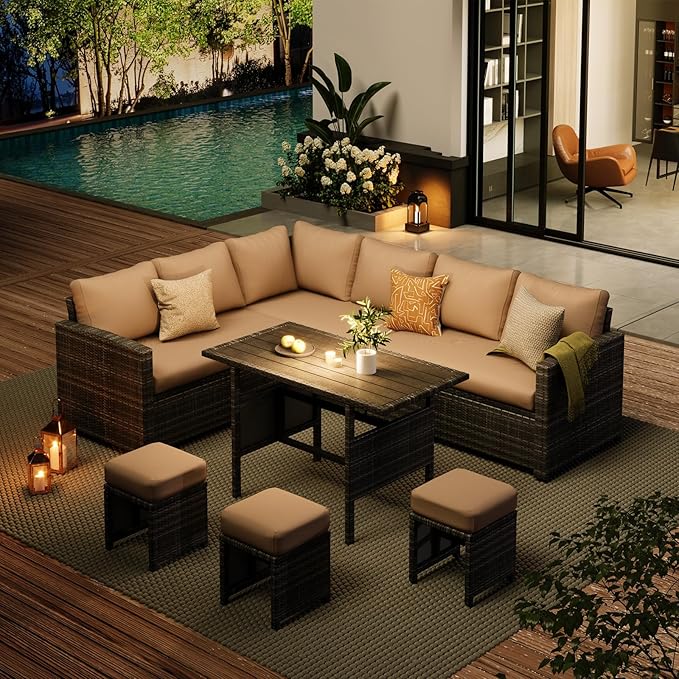 AECOJOY Outdoor Patio Furniture Set, 7 Pieces Clearance Sectional Rattan Dining Table&Chairs, All Weather Wicker Conversation Sofa Couch with Ottoman, Khaki Cushions&Brown Rattan