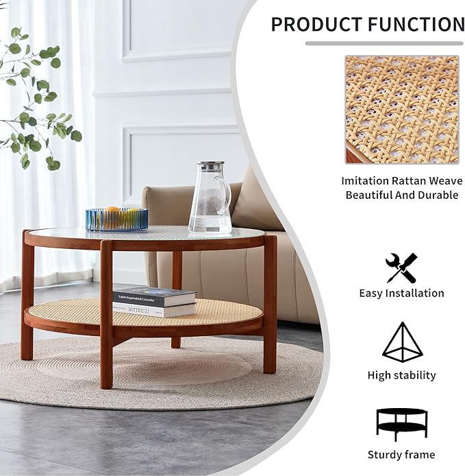 Mid Century Modern Coffee Table with Glass Top and PE Rattan Storage Shelf, 2-Tier 35 Inch Solid Wood Round Boho Coffe Table, Unique Center Table for Livinig Room Apartment Small Space