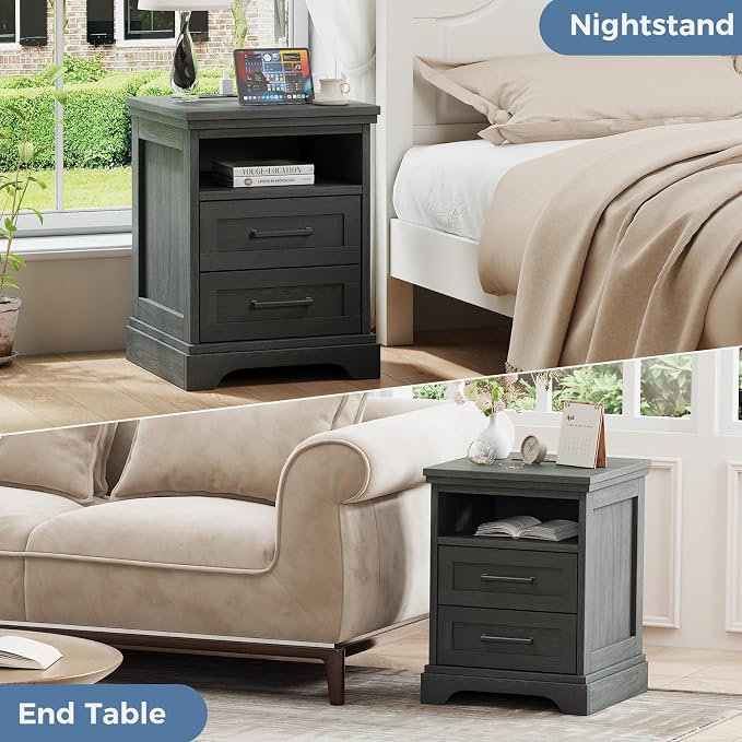 DUMOS Nightstand with Charging Station, Wood Farmhouse Bedside Table with 2 Drawers and Open Shelf, Wood End Table, Modern Side Table for Bedroom, Black - Image 3