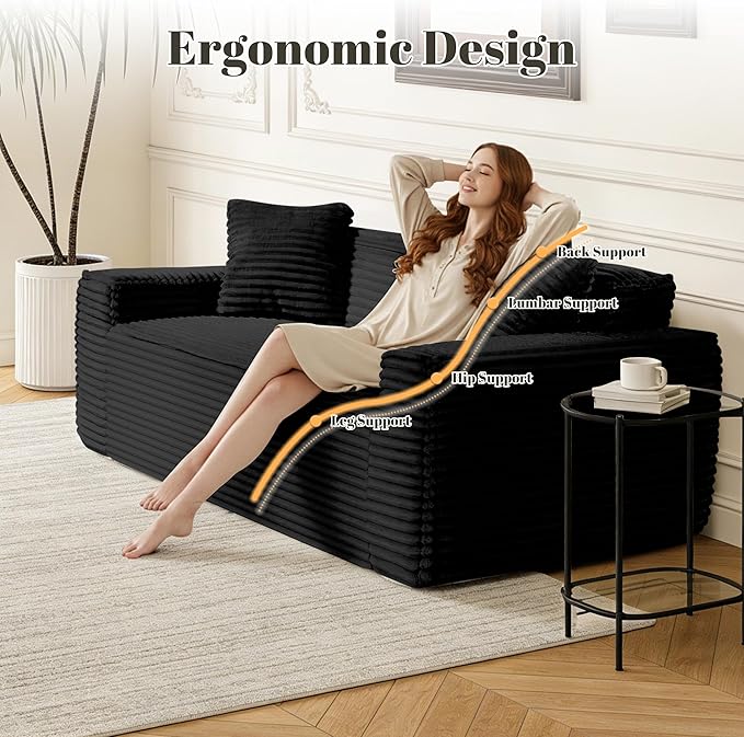 75" Cloud Loveseat Sofa, 26" Deep Seat Boneless Couches for Living Room, Modern 3 Seater Sofa with Throw Pillows, Corduroy Compression Sofa in Box, No Assembly Couch for Bedroom, Dorm, Black