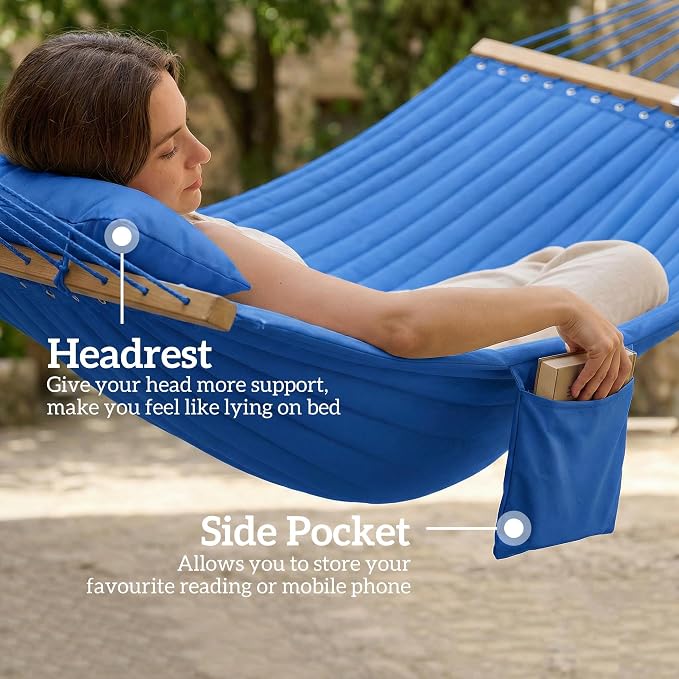 Outsunny Outdoor Hammock, 2-Person Hammock with Head Pillow and Pad, Wood Spreader Bars, 440 lbs Capacity, for Patio Yard Garden, 128" x 55", Navy Blue - Image 6