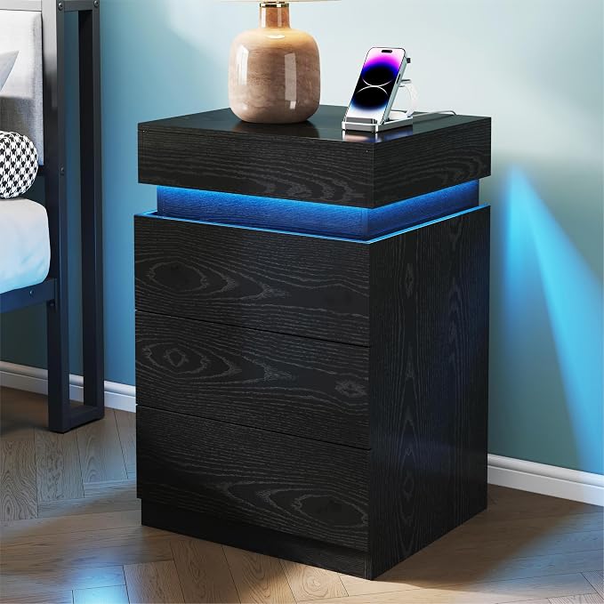 Black Nightstand with Charging Station and LED Light,27'' Tall Night Stand with Sliding Top for Bedroom, Bedside Table with 3 Drawers, Modern End Side Table for Living Room by Unknown