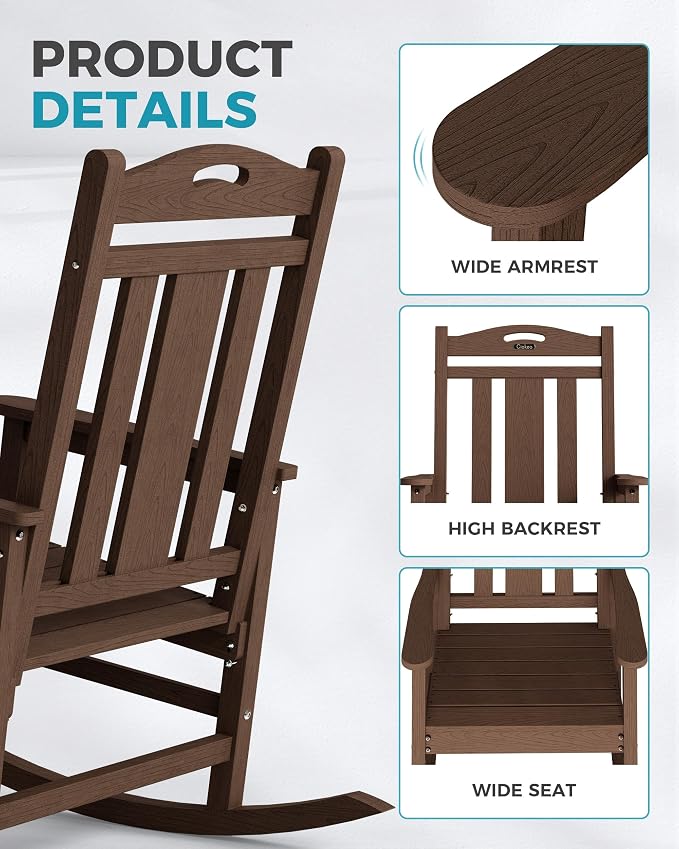 Ciokea Oversized Outdoor Rocking Chair, 380lbs Heavy-Duty Large Patio Rocker, Weather Resistant & Anti-Fade Porch Chair, High Back Cozy Rocking Chair for Outside, Fire Pit, Deck, Garden, Brown - Image 5