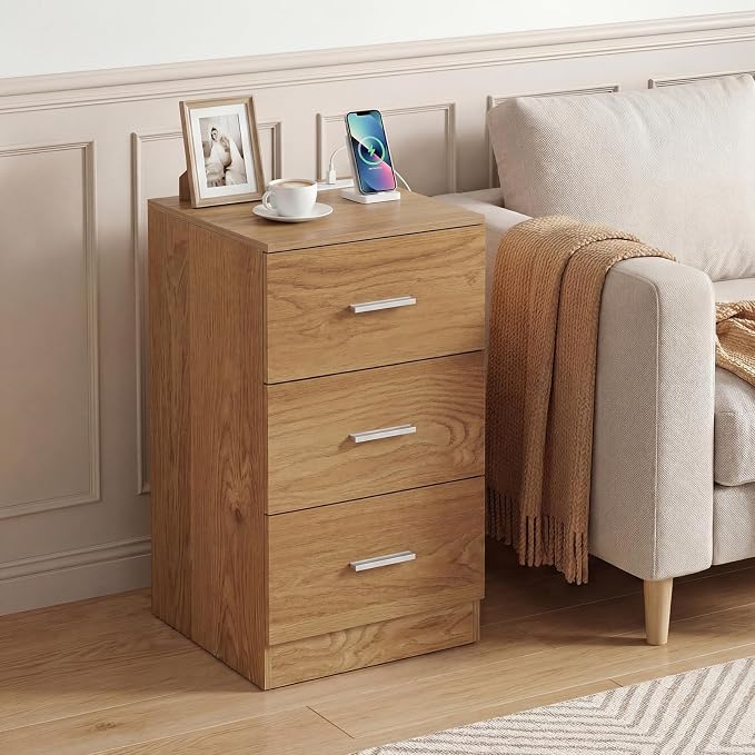 KOMFOTT 3-Drawer Nightstand, Modern Drawer Organizer with Power Outlet, Compact Bedside Storage End Table for Bedroom, Small Spaces (Natural,2) - Image 4