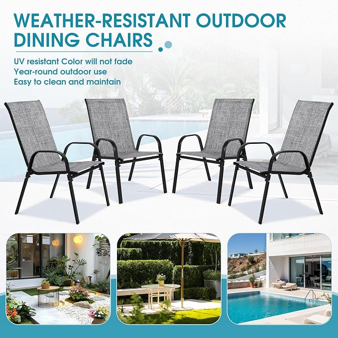 Outdoor Stackable Chairs Set of 4, Stacking Patio Chairs with Textilene Fabric, Outside Furniture for Garden Backyard Balconie Poolside Deck, Grey - Image 7