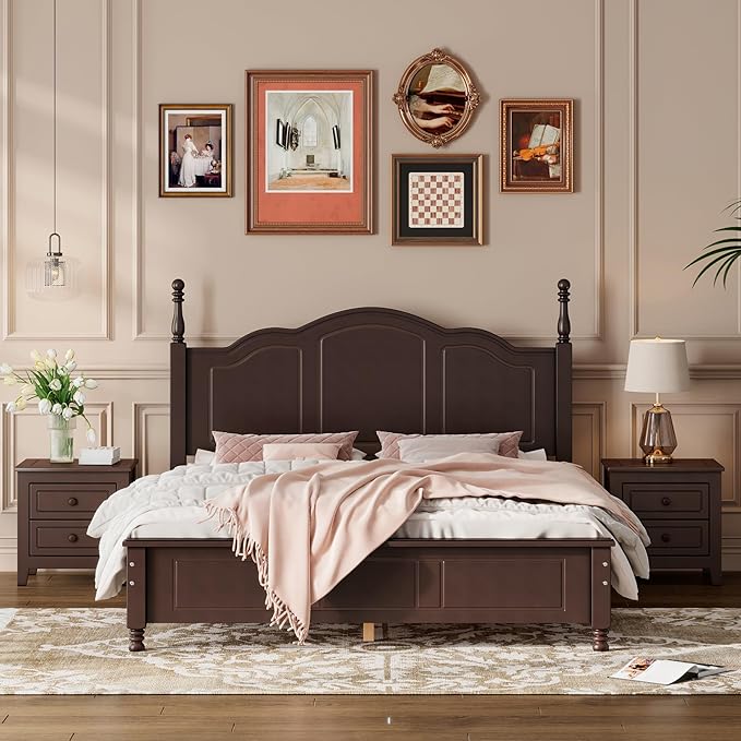 Harper & Bright Designs 3-Piece Queen Bedroom Set, Retro Style Wooden Bedroom Furniture Set with Queen Size Bed Frame and Two Nightstands for Kids Teens Adults Bedroom, Dark Walnut