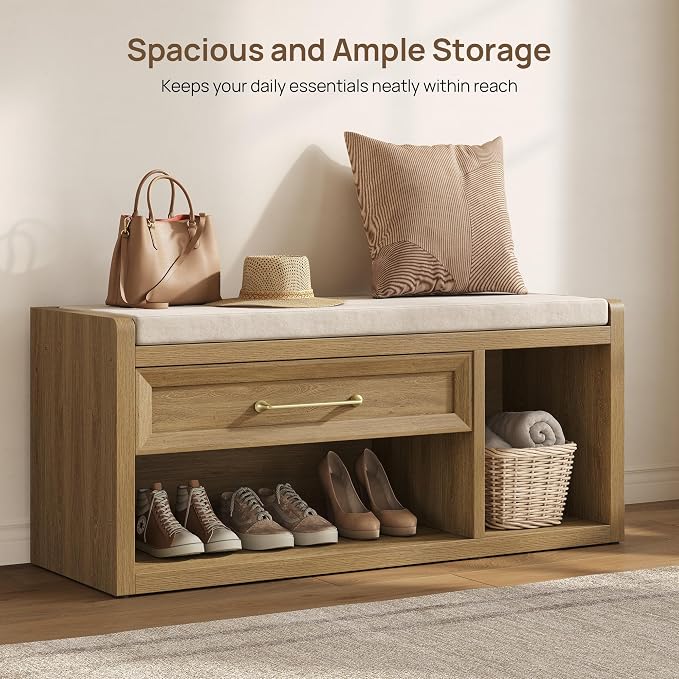 SICOTAS Shoe Bench with Storage, 40.6" Extra Wide Farmhouse Entryway Bench with Cushion, Drawer & Tall Boot Shelf, 18.9" Comfort Height Seat, Large Storage Bench for Bedroom Hallway Mudroom,Brown Oak - Image 5