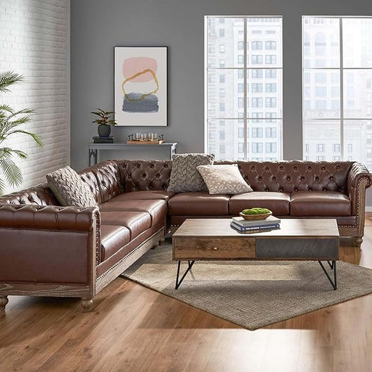 Merax PU Chesterfield Sofa, Retro Upholstered 6 Seater Leather Rolled Arm Couch for Living Room Bedroom, Dark Brown