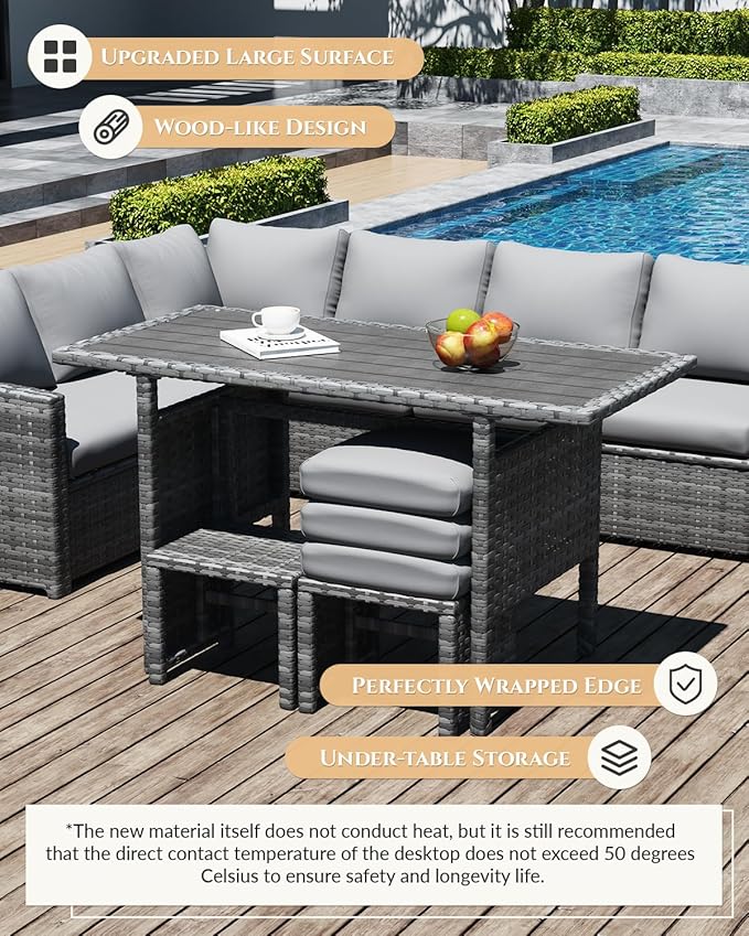 U-MAX 7 Pieces Patio Furniture Set, Outdoor Sectional Sofa Conversation Set, All Weather Wicker Rattan Dining Table & Chair with Ottoman, Grey Rattan&Light Grey Cushion