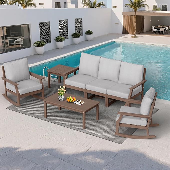 HDPE Patio Conversation Set, 7-Piece All Weather Outdoor Furniture Set with 2 Single Rocking Armchairs for Deck, Lawn, with Cushion, Brown