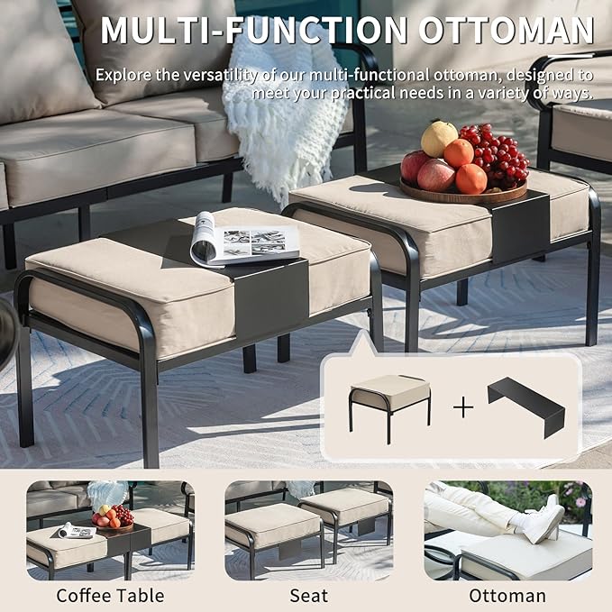 5 Piece Patio Furniture Set, Metal Patio Conversation Set with 1x3 Seater Sofa & 2xFixed Chairs & 2xOttomans, 5.75'' Extra Thick Cushion for Lawn Garden Backyard, Beige
