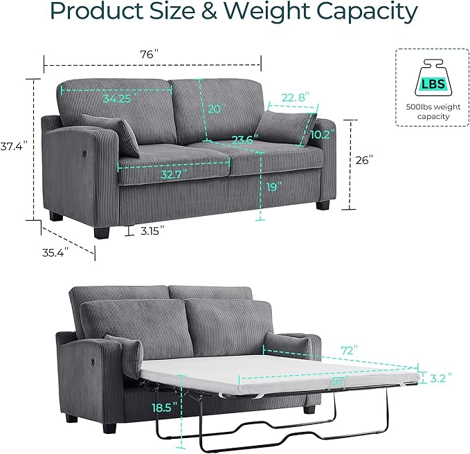 LINSY HOME Pull Out Sofa Bed - Convertible Loveseat Sleeper Sofa, Upgraded Bed Frame Pullout Couch - USB Charging & Cup Holders, Corduroy Sofa Bed for Living Room Small Space, Queen Size (Grey)