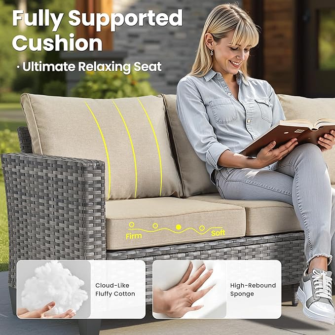 ovios Patio Furniture Set, 8 Pieces Outdoor Wicker Sofa Couch with Chairs, Ottomans and Comfy Cushions, All Weather High Back Rattan Conversation Set, Beige