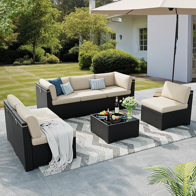 Patio Furniture Set, 7 Pieces Outdoor Sectional Sofa Set with Waterproof Cover, Black PE Wicker Rattan Slanted Back Outdoor Conversation Set with Cushions and Glass Coffee Table, Khaki