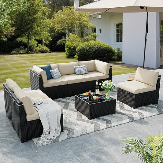 Patio Furniture Set, 7 Pieces Outdoor Sectional Sofa Set with Waterproof Cover, Black PE Wicker Rattan Slanted Back Outdoor Conversation Set with Cushions and Glass Coffee Table, Khaki