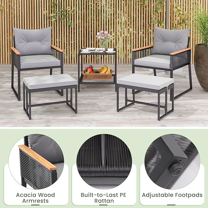 Tangkula 5 Pieces Outdoor Conversation Set, Patio Rattan Armchairs with 2-Tier Side Table & 2 Ottomans, Acacia Wood Armrests & Heavy-Duty Metal Frame, Patio Chairs Set for Porch, Poolside (Grey)