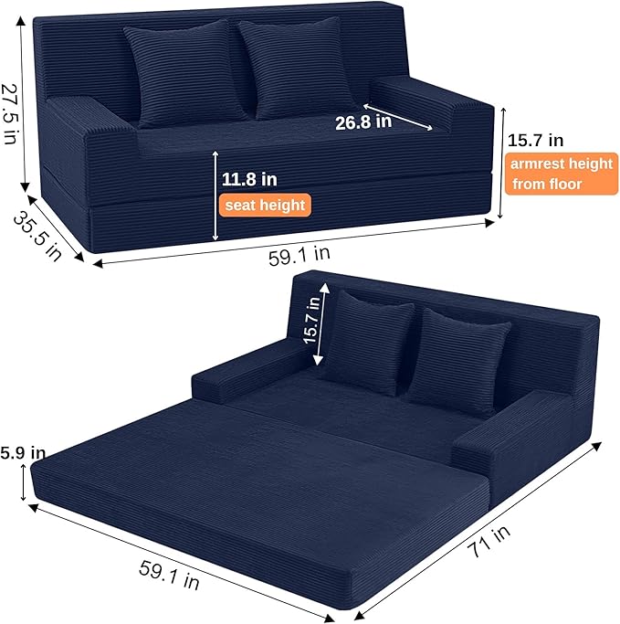 MeMoreCool Corduroy Boneless Sofa Bed Queen – Folding Futon Couch with High-Density Foam, Convertible Floor Sleeper & Pillow, Machine-Washable Cover for Guest Room, Bedroom, Small Apartment