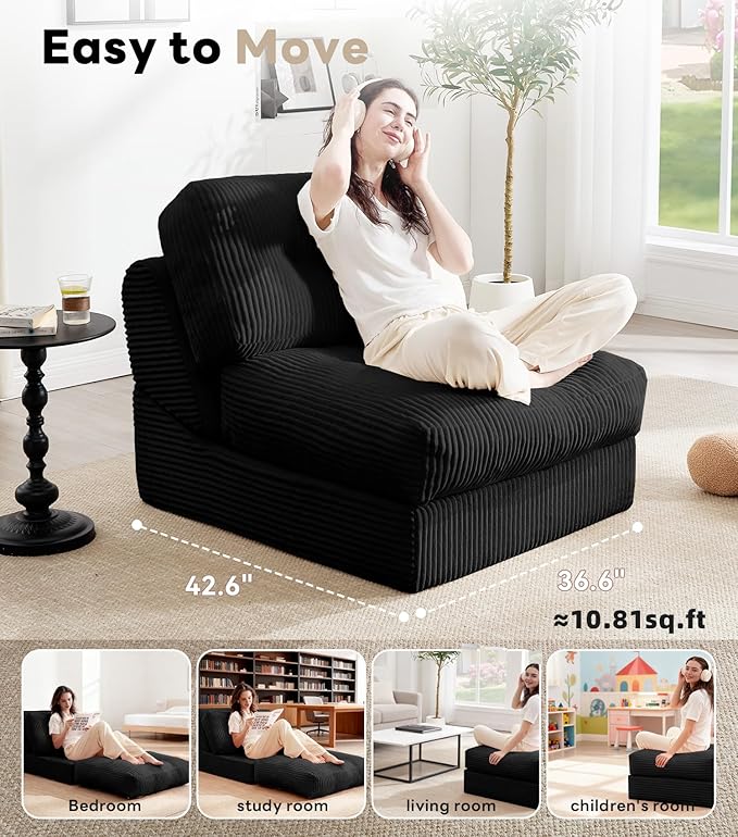 Tbfit Convertible Sleeper Chair, Adjustable Folding Sofa Bed with Large Pillow, Corduroy Folding Couch Bed, Portable & Foldable Mattress Boneless Floor Sofa for Living Room, RV, Office, Black, Single