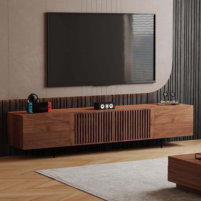94.48" Mid-Century Modern TV Stand, Walnut Media Console with 4 Storage Cabinets, Entertainment Center for TVs up to 100 Inches, Ideal for Living Room or Bedroom - Image 9