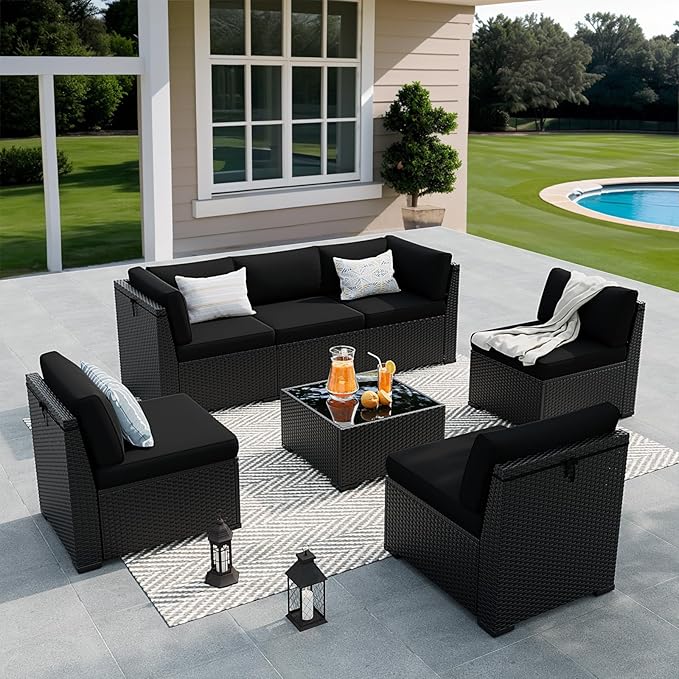 Patio Furniture Set, 7 Pieces Outdoor Sectional Sofa Set with Waterproof Cover, Black PE Wicker Rattan Slanted Back Outdoor Conversation Set with Cushions and Glass Coffee Table, Black