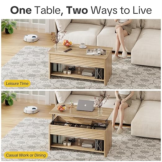 Fluted Lift Top Coffee Table for Living Room, Small Coffee Table with Storage Hydraulic Lift Large Capacity, Sturdy Legs Safe Round Corner, Easy Assembly for Small Spaces, Horizontal Grain-Natural