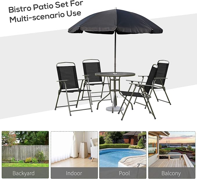 Outsunny 6 Piece Patio Dining Set for 4 with Umbrella, Outdoor Table and Chairs with 4 Folding Dining Chairs & Round Glass Table for Garden, Backyard and Poolside, Black and Coffee - Image 5
