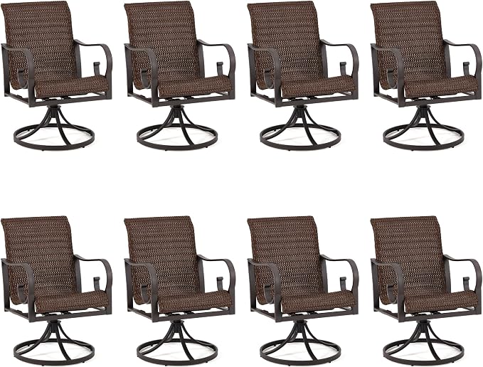 EROMMY Patio Swivel Chairs Set of 8, Heavy Duty Outdoor Dining Chair with 23.5'' High Back, Extra-Large Water-Fall Seat, Rattan Wicker Porch Chair Gentle Rocker for Outside, Dark Brown by EROMMY