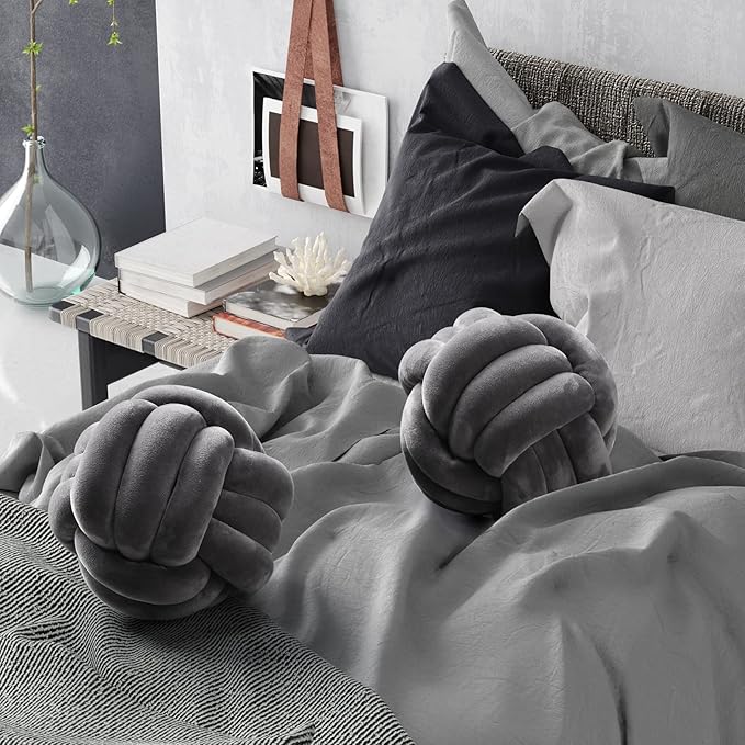 Namalu 2 Pcs Soft Knot Pillow Ball, Decorative Round Throw, Soft Knotted Plush Pillows, Handmade Stuffed Ball Pillows Cushion for Bedroom Sofa Couch Home Decor(10.6 Inches,Dark Gray)