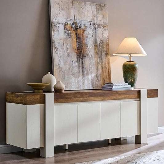 OKD Modern Farmhouse TV Stand, 70" Long Media Console Table with Storage Cabinet, Wooden Entertainment Center for Living Room, Antique White by OKD