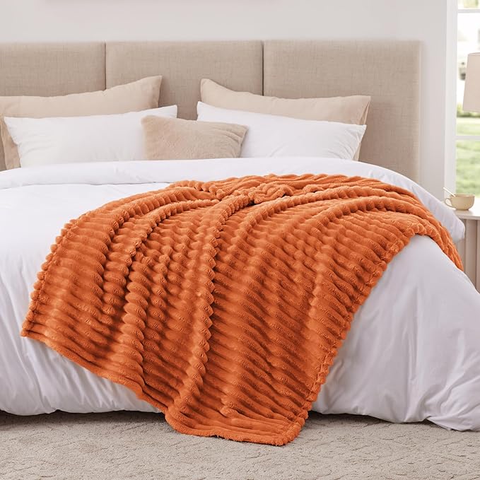 EXQ Home Fall Throw Blanket for Couch or Bed - 3D Stripe Jacquard Decorative Fleece Blankets - Cozy Soft Lightweight Fuzzy Flannel Blanket Suitable for All Seasons(50"??60",Orange)