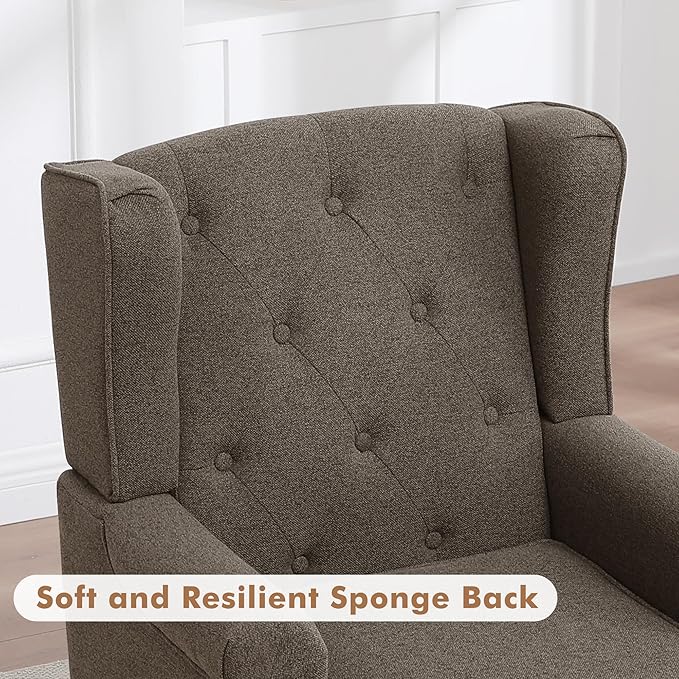 Accent Chair Set of 2, Mid Century Modern Fabric Wingback Chair, Upholstered Armchair with High Back and Vintage Legs, Comfy Single Sofa Side Reading Chair for Living Room Bedroom, Brown