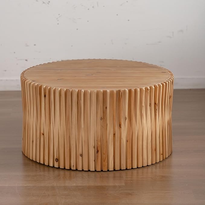 Round Wood Coffee Table, Drum Center Table with Fluted Pattern, 31.5 Inch Farmhouse Circle Coffee Table for Living Room, Office, Outdoor, Natural