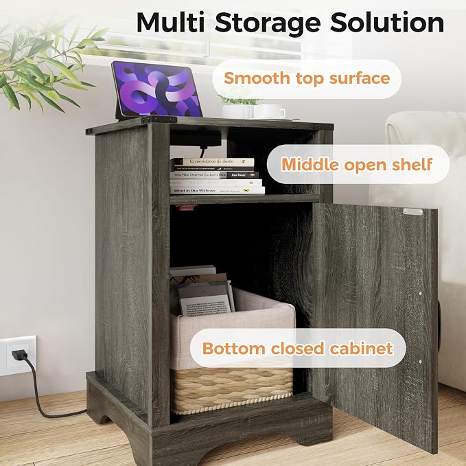 RoyalCraft 25" Tall Farmhouse Nightstand with Charging Station, Grey End Table with Storage, Large Wooden Rustic Bedside Table for Bedroom, Dark Grey - Image 4