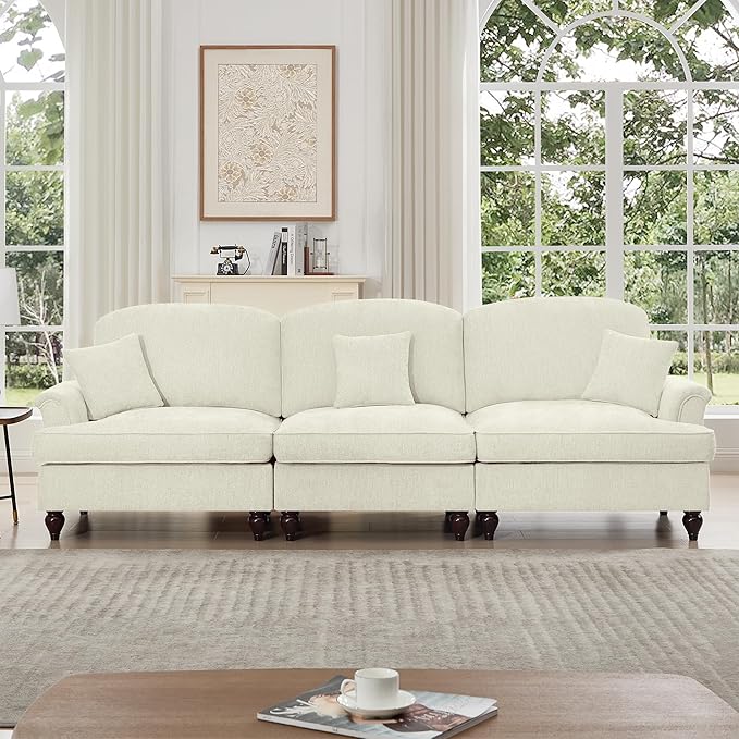 KEIKI Mid Century Modular Sofa with Flared Arms and Skirted Design, 107” Oversized 3-Seater Luxury Chenille Sectional Couches for Living Room, Big Comfy Couch Bedroom Furniture, Beige White